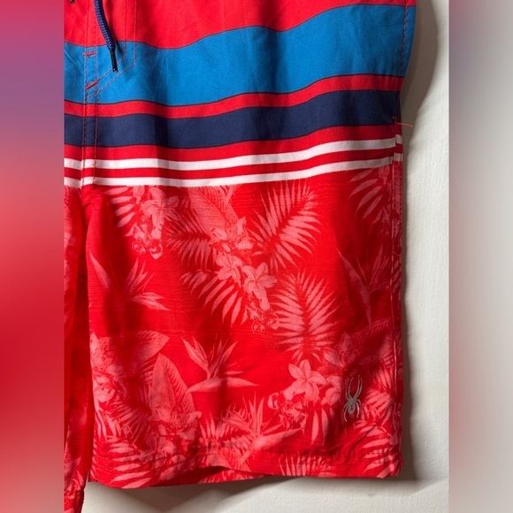 Spyder Boys Red Blue Striped Tropical Floral Drawstring Swim Shorts Size XL - Picture 5 of 15